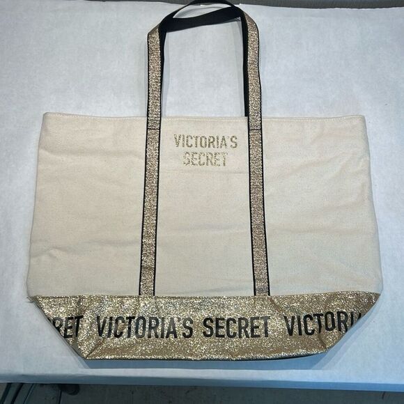 Victoria's Secret VS Canvas Tote Bag Metallic Glitter Gold Spellout Zip Top - Picture 1 of 7